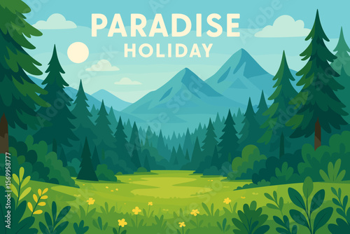 Paradise Holiday Vacation. Majestic Coniferous Forest Landscape, Lush Greenery, Wildflowers, Mountain View, Scenic Nature Clearing, Tranquil Outdoor Wilderness, Summer Adventure