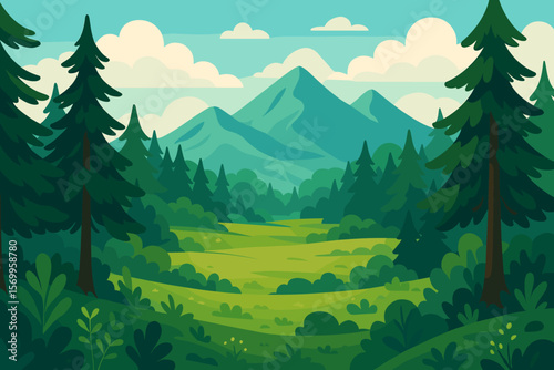 Majestic Mountain Landscape with Lush Coniferous Forest, Vibrant Green Clearing, Shrubs, Plants, Scenic Nature, Tranquil Wilderness, Idyllic Outdoor Paradise, Serene Valley, Evergreen Trees