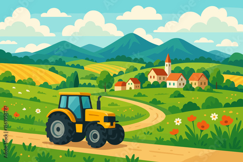 Idyllic Rural Farm Landscape with Yellow Tractor on Country Road, Picturesque Village, Rolling Hills, Green Meadows, Agricultural Fields, Wildflowers, Mountains, Blue Sky