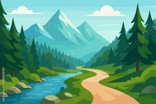 Scenic Mountain River Path in Lush Forest, Majestic Peaks, Serene Nature Park, Winding Trail, Tranquil Landscape, Evergreen Trees, Outdoor Adventure, Wilderness Exploration