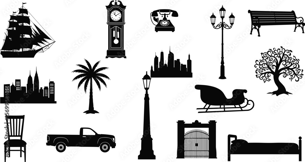 Fototapeta premium Collection of vintage and modern black silhouettes including objects, furniture, buildings, nature elements, vehicles, and decorative cityscape design