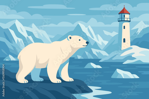 Majestic Polar Bear on Arctic Shore with Lighthouse, Icebergs, Glaciers, Snowy Mountains, Winter Landscape, Wildlife Conservation, Northern Wilderness