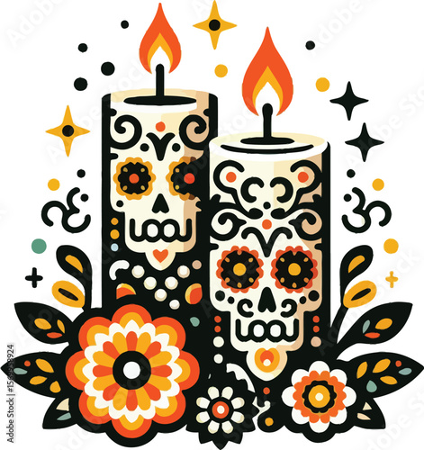 Vector Clipart of Two Candles in Day of the Dead Style with Clean White Background