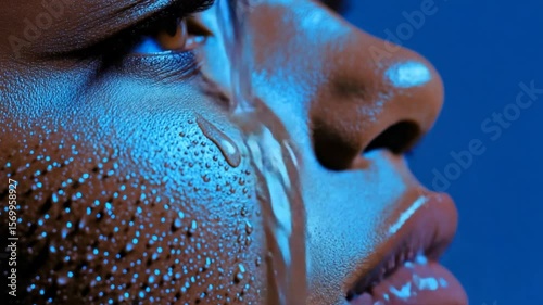 Close-up of a Woman's Face with Water Droplets in Blue Lighting for Artistic Effects