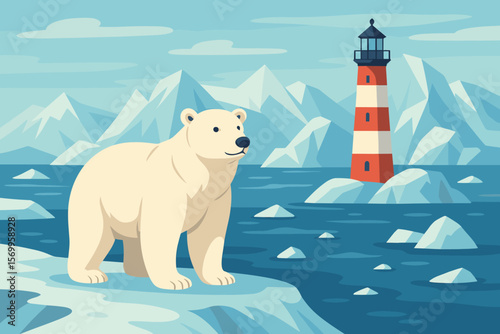 Polar bear on icy shore with lighthouse, Arctic landscape, glacier mountains, icebergs, sea, wildlife, climate change, northern wilderness, cold environment, animal habitat, adventure