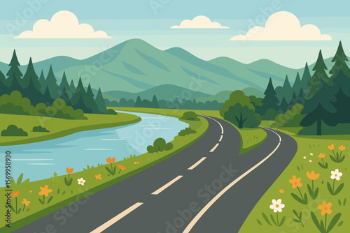 Scenic Countryside Road Along River, Mountain Landscape, Forest, Wildflowers, Curved Asphalt Highway, Nature Travel, Summer Adventure, Rural Outdoors, Vector Illustration