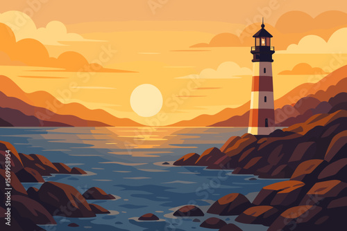 Panoramic Rocky Seashore Lighthouse Sunset, Majestic Coastal Landscape, Ocean Bay with Hills, Mountains, Dramatic Sky, Tranquil Water, Beacon Tower, Scenic Nature View