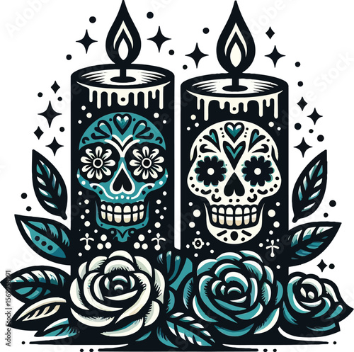 Vector Clipart of Two Candles in Day of the Dead Style with Clean White Background
