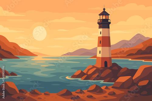 Panoramic Rocky Seashore with Tall Lighthouse, Ocean Bay, Hills, Mountains, Sunset Sky, Coastal Landscape, Tranquil Water, Scenic Nature, Maritime Navigation, Vector Illustration