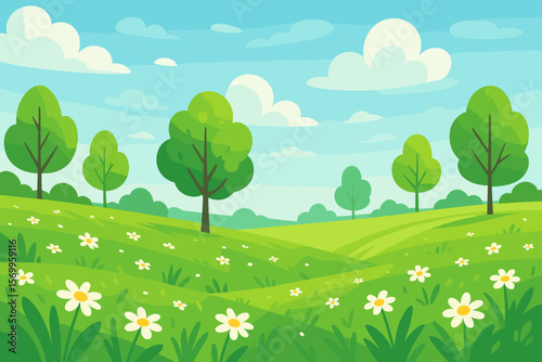 Lush Spring Meadow Landscape with Blooming Daisies, Rolling Green Hills, Trees, Blue Sky, White Clouds, Nature Scenery, Fresh Air, Peaceful Day, Modern Flat Vector Illustration