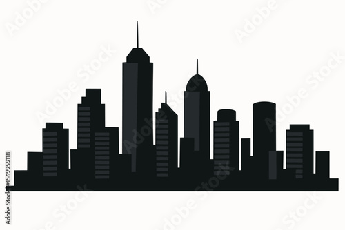 Modern City Skyline Silhouette. Urban Business District. Skyscrapers, Office Buildings, Cityscape. Flat Vector Illustration. Architecture, Real Estate, Downtown, Metropolitan, Black Silhouette