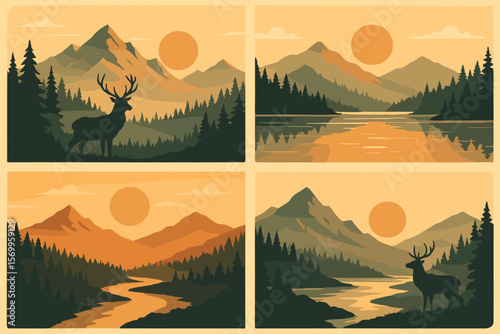Majestic Mountain Landscapes with Deer Silhouettes, Forests, Rivers, Lakes, and Sunsets in Vintage Flat Style, Wildlife Nature Scenery, Sunrise and Sunset Backdrops