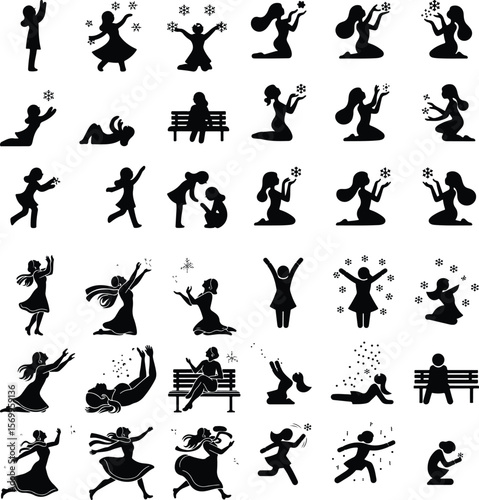 Snowy Day Vector Icons – Female in Snow Pose Silhouettes Woman Catching Snowflakes Silhouette Set – Winter Joy Icon Collection