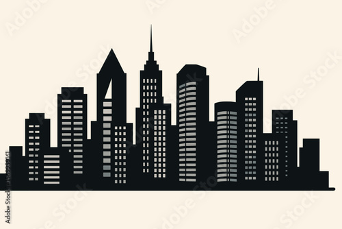 Modern City Skyline Silhouette. Urban Business District. Skyscraper Buildings. Cityscape Vector Illustration. Flat Design. Office Towers. Downtown Architecture. Real Estate Concept.
