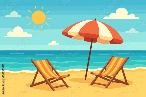 Summer Beach Relaxation Scene. Sun Loungers, Striped Umbrella, Sandy Coastline, Blue Sea, Sunny Sky, Cartoon Vector Illustration. Vacation, Leisure, Holiday, Seaside, Outdoor Comfort