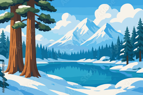 Majestic Sequoia Trees and Winter Lake Landscape. Snowy Mountain Scenery, Pine Forest, Reflections, Blue Sky, Pristine Wilderness, Nature Reserve, Tranquil Water, Serene Winter Scene