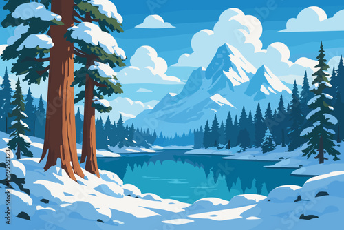 Stunning Winter Landscape with Snow-Covered Sequoia Trees, Serene Lake, Majestic Mountains, and Dense Forest Snowdrifts in a Beautiful Natural Scene
