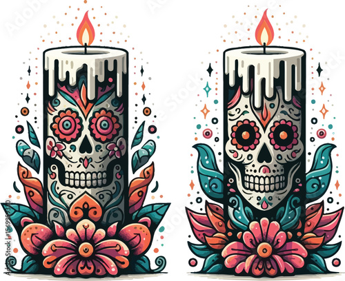 Vector Clipart of Two Candles in Day of the Dead Style with Clean White Background