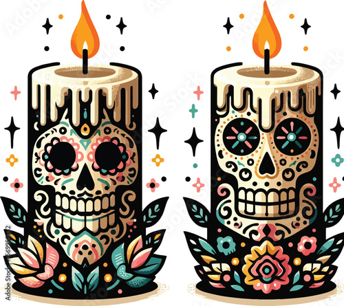 Vector Clipart of Two Candles in Day of the Dead Style with Clean White Background