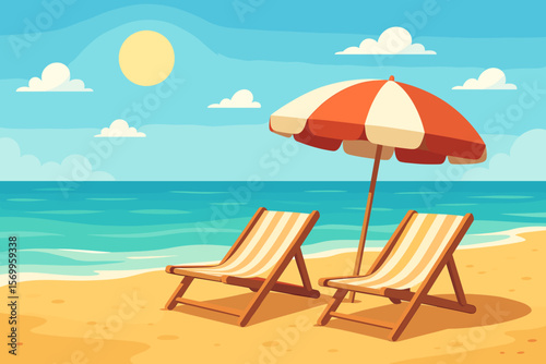 Summer Beach Relaxation Scene. Sun Loungers and Striped Umbrella on Sandy Coast. Seaside Vacation. Sunny Weather. Cartoon Vector Illustration. Tranquil Ocean Shore.