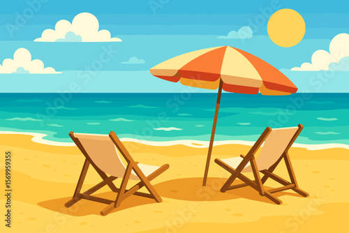 Summer Beach Relaxation Scene. Sun Loungers and Striped Umbrella on Sandy Coast. Seaside Vacation. Sunny Weather. Ocean Waves. Vector Cartoon Illustration. Tranquil Holiday Concept.