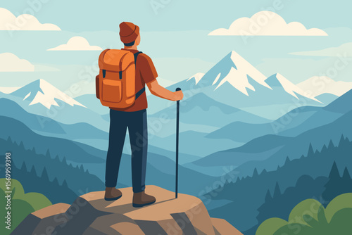 Adventurous Mountain Hiking Journey. Man Standing on Summit with Backpack, Trekking Pole, Overlooking Majestic Snowy Peaks, Panoramic Wilderness Landscape, Modern Flat Vector Illustration