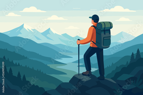 Mountain Hiking Adventure, Man with Backpack Overlooking Scenic Valley, Panoramic Landscape, Outdoor Exploration, Nature Travel, Trekking, Flat Vector Illustration
