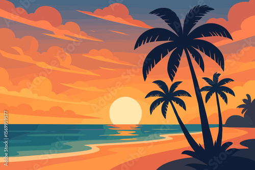 Tropical Beach Sunset Landscape Vector. Palm Tree Silhouette, Vibrant Ocean Shore, Golden Sky, Serene Seaside, Exotic Paradise, Tranquil Coastline, Summer Vacation, Idyllic Nature Scene