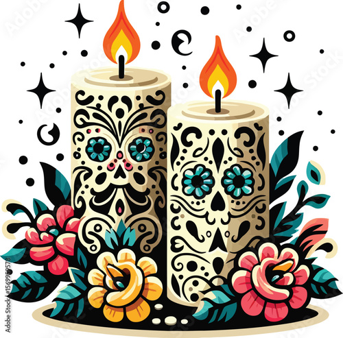 Vector Clipart of Two Candles in Day of the Dead Style with Clean White Background