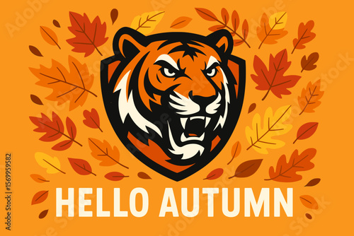 Fierce Tiger Head Mascot Logo with Autumn Leaves, Wild Cat Emblem, Sport Team Badge, Vector Illustration, Seasonal Fall Background, Hello Autumn Text, Orange and Yellow Leaf Design