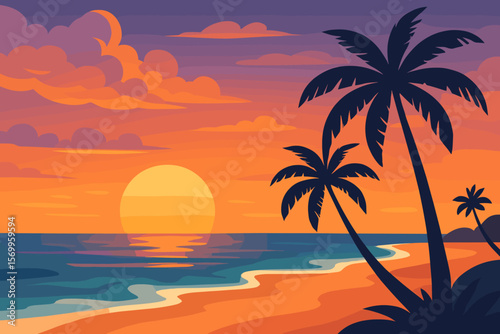 Tropical beach sunset landscape vector. Vibrant sandy shore, ocean waves, palm tree silhouettes, dramatic colorful clouds, serene seascape, summer paradise, sunrise or sunset illustration.