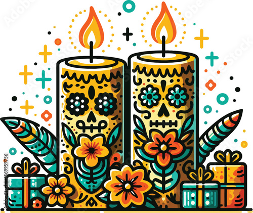 Vector Clipart of Two Candles in Day of the Dead Style with Clean White Background