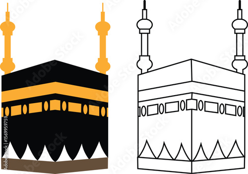 Holy Kaaba in Mecca Saudi Arabia, Hand drawn sketch vector illustration. Panoramic of Kaaba for hajj steps in Al-Haram Mosque symbol collection isolated on transparent background. Creative design.