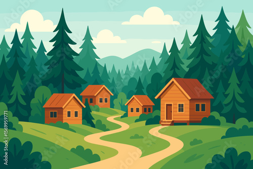 Cozy Wooden Cabins in Pine Forest, Summer Nature Landscape, Hiking Trail, Mountain Scenery, Idyllic Rural Houses, Adventure Travel, Greenery, Outdoor Vacation, Vector Illustration