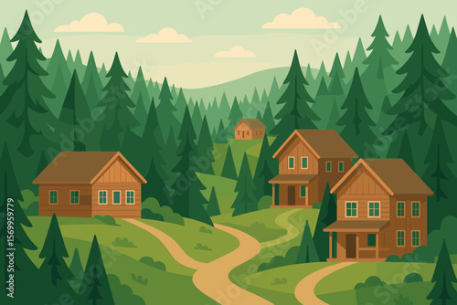 Wooden Cabins in Pine Forest, Summer Landscape, Hiking Trail, Nature Retreat, Scenic Mountain Valley, Cozy Houses, Outdoor Adventure, Tranquil Wilderness, Vector Illustration