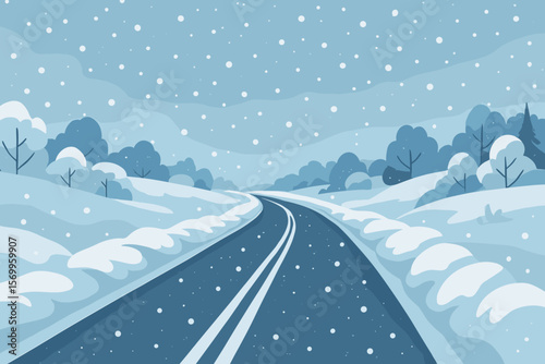 Snowy Winter Road in Rural Landscape, Curved Highway with Snowdrifts, Falling Snow, Frosty Trees, Scenic Countryside, Flat Vector Illustration, Seasonal Travel Concept