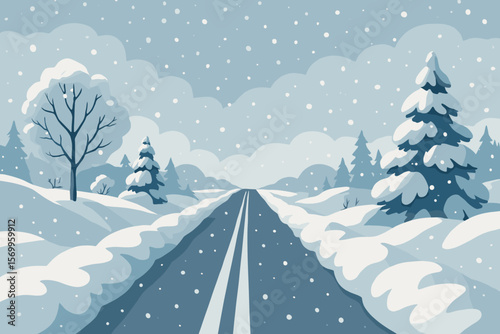 Snowy Winter Road in Rural Landscape, Snowfall, Snowdrifts, Pine Trees, Empty Highway, Scenic Countryside, Flat Vector Cartoon Illustration