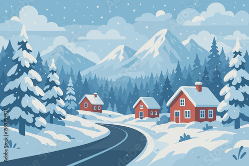 Winter Wonderland Landscape with Snowy Forest, Majestic Mountains, Winding Road, Red Houses, Snowdrifts, Snow-Covered Pine Trees, Scenic Clouds, Peaceful Village Scene