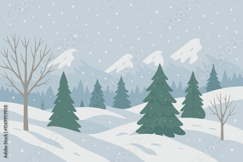 Winter Landscape with Snowy Mountains, Bare Trees, Snowdrifts, Spruce and Pine Forest, Falling Snow, Peaceful Nature Scene, Seasonal Illustration