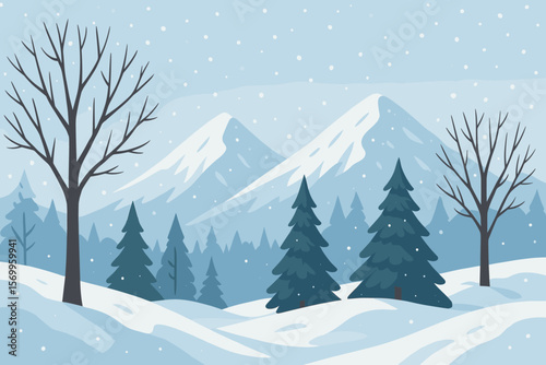 Winter Mountain Landscape with Snowdrifts, Bare Trees, Spruce and Pine Forest, Snowfall, Snowy Peaks, Seasonal Nature Scene, Frosty Weather, Tranquil Outdoor Illustration