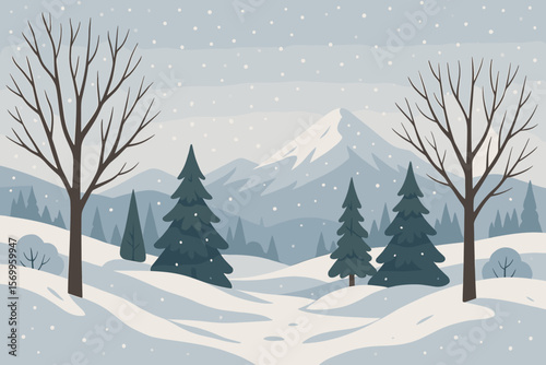 Winter Landscape Illustration. Snowy Mountains, Bare Trees, Snowdrifts, Spruce and Pine Forest. Peaceful Nature Scene, Frosty Weather, Seasonal Background, Tranquil Outdoor Scenery, Wintertime Concept