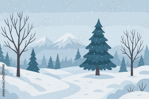 Serene Winter Landscape with Snowdrifts, Bare Trees, Spruce and Pine Forest, Snowy Mountains, Peaceful Nature Scene, Frosty Weather, Seasonal Illustration, Tranquil Outdoor Background