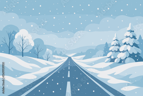 Winter road in rural landscape, snowy highway, snowdrifts, snowfall, pine trees, bare trees, scenic countryside, cold weather, travel, vector illustration
