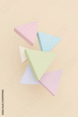 a group of floating pastel triangles gently overlapping in semi transparency, arranged in the center of a light beige background.