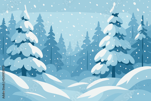 Snowy Winter Forest Landscape with Pine Trees, Heavy Snowdrifts, Falling Snow, Peaceful Nature Scene, Frosty Weather, Seasonal Wilderness, Flat Vector Illustration