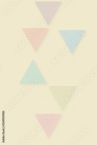 a group of floating pastel triangles gently overlapping in semi transparency, arranged in the center of a light beige background.