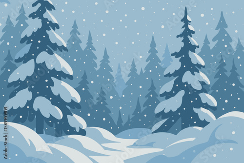 Snowy Winter Forest Landscape with Pine Trees, Large Snowdrifts, Falling Snow, Peaceful Nature Scene, Frosty Weather, Seasonal Wilderness, Flat Modern Vector Illustration