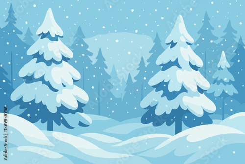 Snowy Winter Forest Landscape with Pine Trees, Large Snowdrifts, Falling Snow, Peaceful Nature Scene, Frosty Weather, Seasonal Christmas Background, Flat Cartoon Vector Illustration