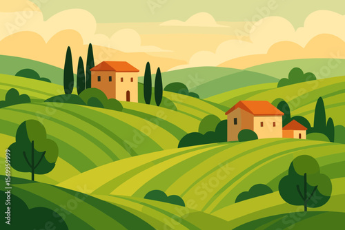 Italian Tuscany landscape with green hills, fields. Rural European summer village with houses, trees. Beautiful vector countryside background. Modern flat cartoon illustration.