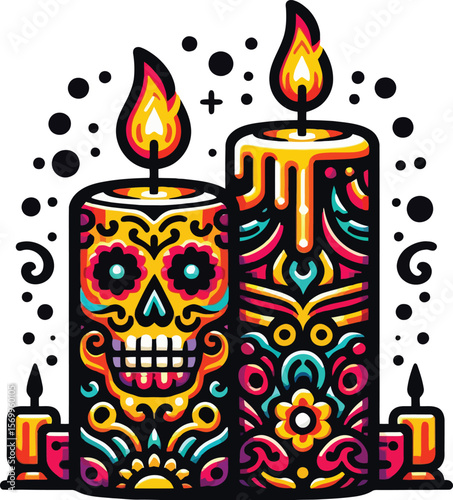 Vector Clipart of Two Candles in Day of the Dead Style with Clean White Background